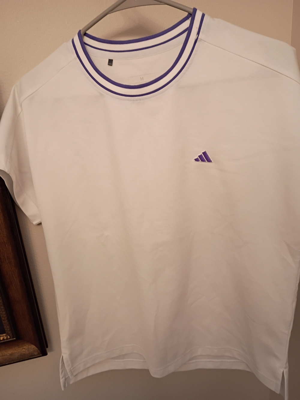 adidas White Short Sleeve Tee with Purple Trim
